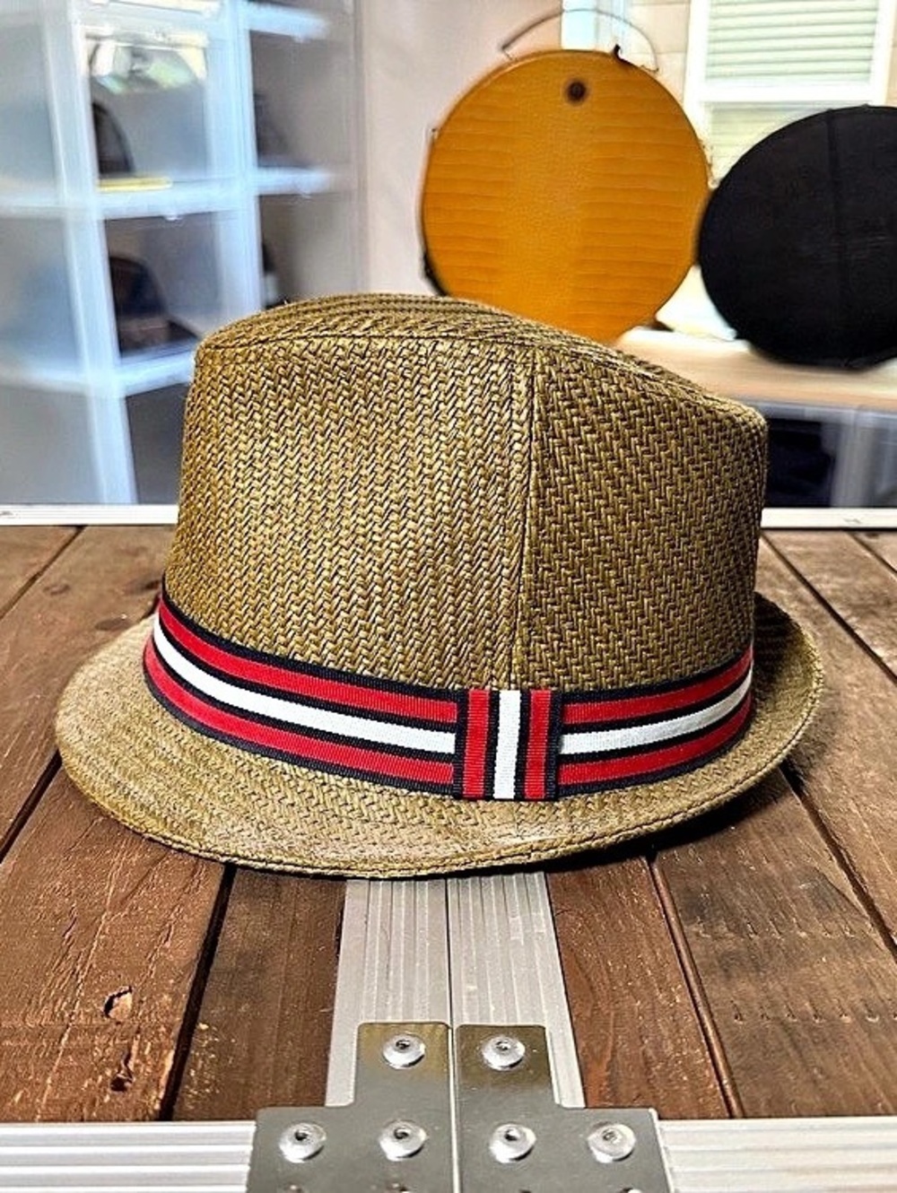 Paper Straw Fedora Trilby Hat Tan Red White Navy Band L/XL 58cm